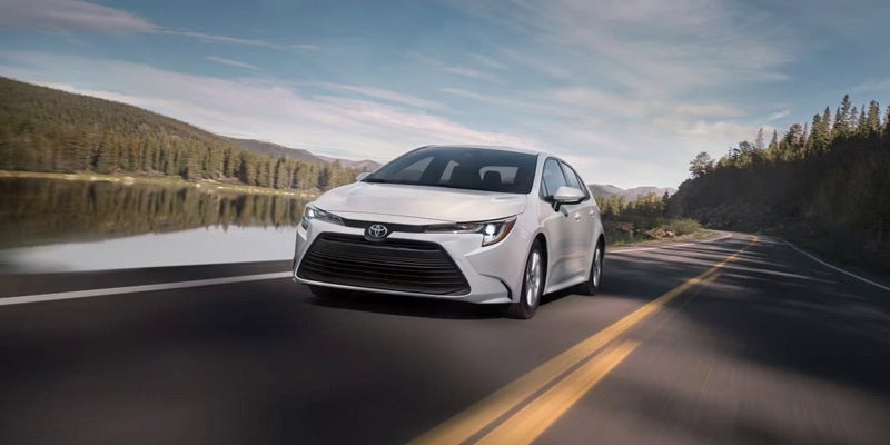 A wide shot of a 2026 Toyota Corolla on a scenic drive in Ardmore, PA