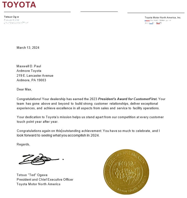 President Award Letter
