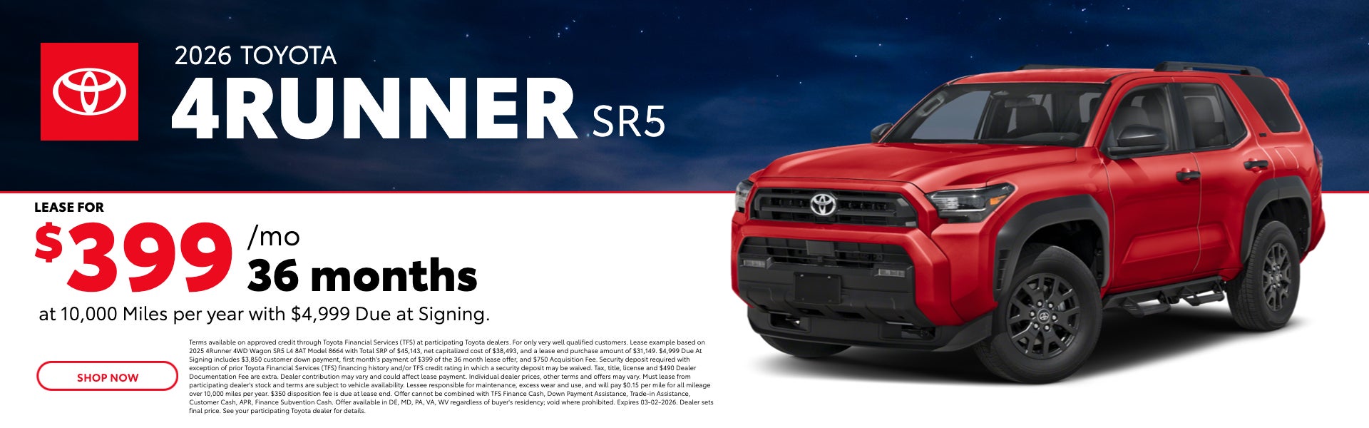 Lease a 2026 Toyota 4Runner SR5 for $399/Mo